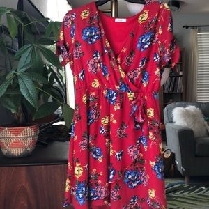 Red tie sleeve floral summer dress